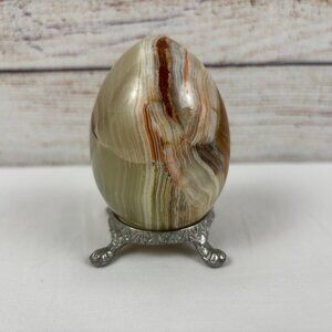 Vintage Marble Stone Egg Polished Glossy Silver Tone Stand Brown Cream Green